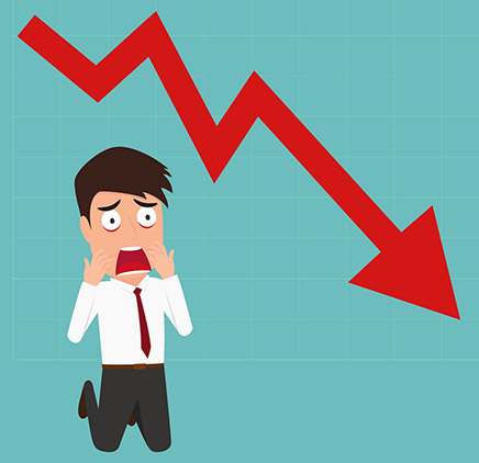 animation of a man kneeling down , holding his face in fear; a red stock market arrow pointing in a downward direction is above him.